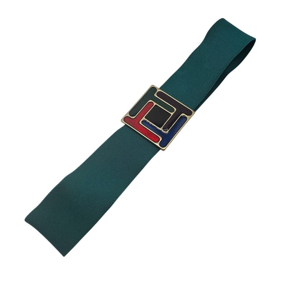 Vtg 1990s Stretchy Adjustable Belt Teal Blue w/ Square Enamel Colorful Buckle